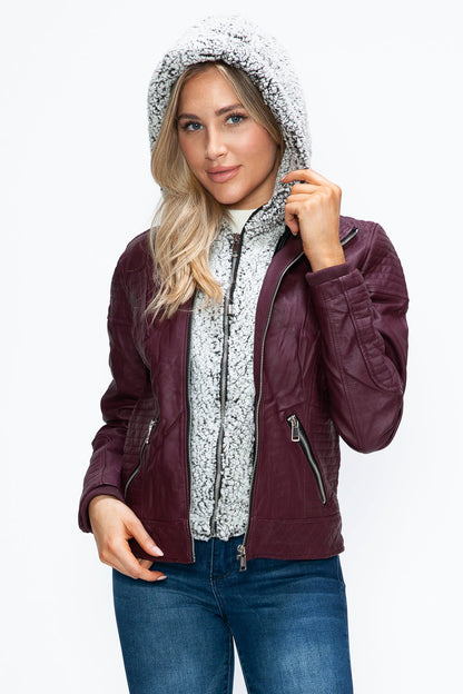 YMI Faux Layered Double-Zipper Jacket with Fuzzy Hood In Wine us.meeeshop - 