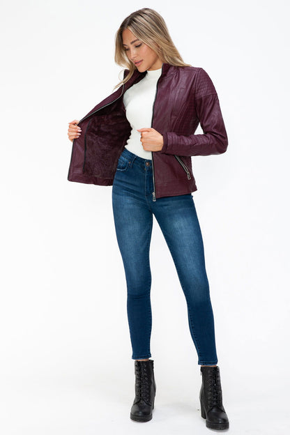 YMI Faux Layered Double-Zipper Jacket with Fuzzy Hood In Wine us.meeeshop - 