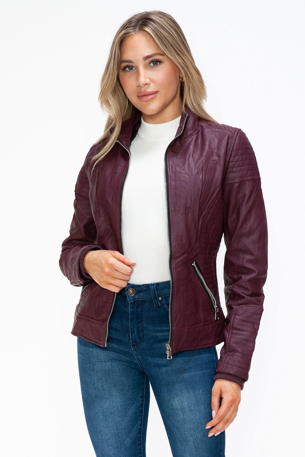 YMI Faux Layered Double-Zipper Jacket with Fuzzy Hood In Wine us.meeeshop - 