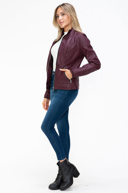 YMI Faux Layered Double-Zipper Jacket with Fuzzy Hood In Wine us.meeeshop - 