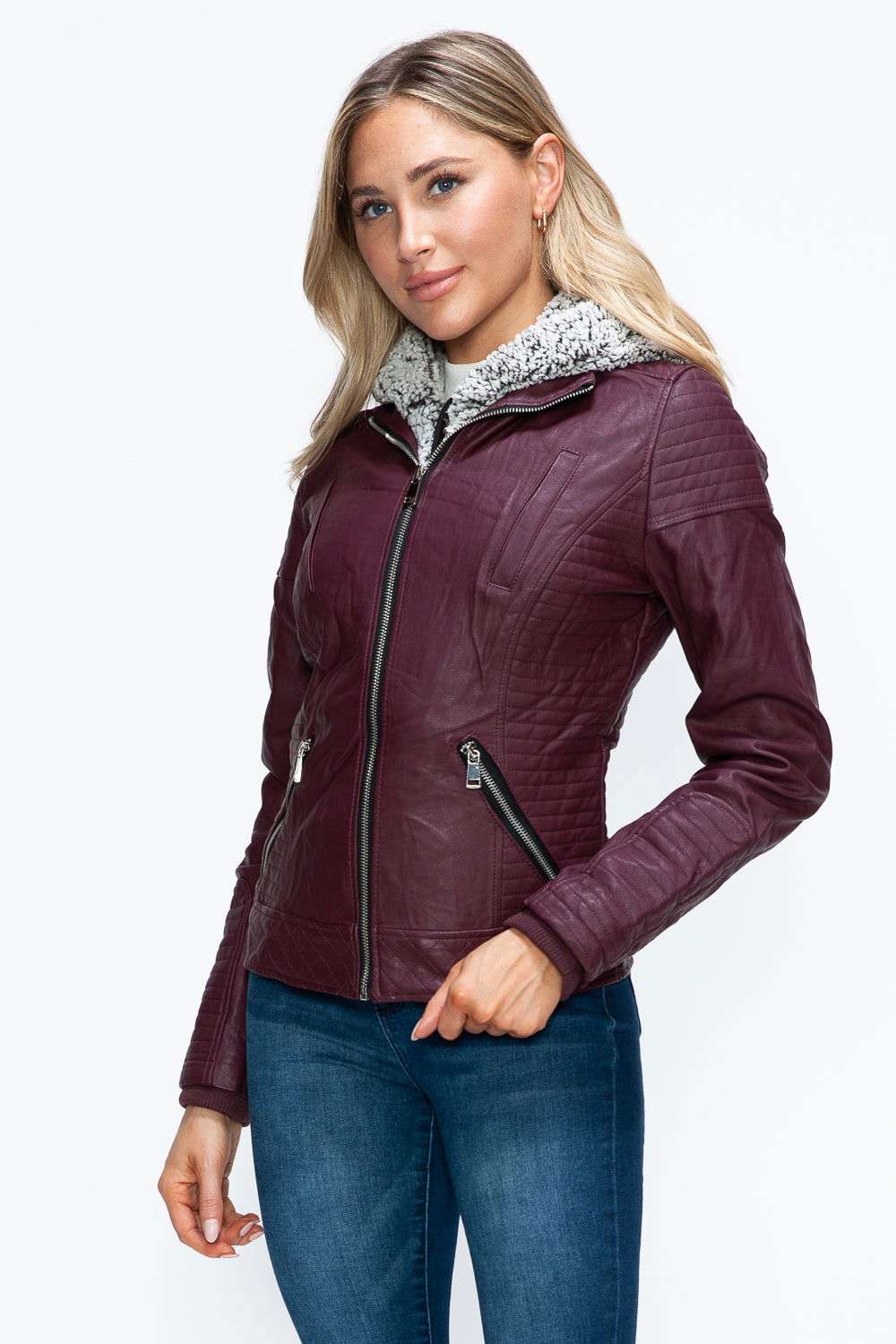 YMI Faux Layered Double-Zipper Jacket with Fuzzy Hood In Wine us.meeeshop - 