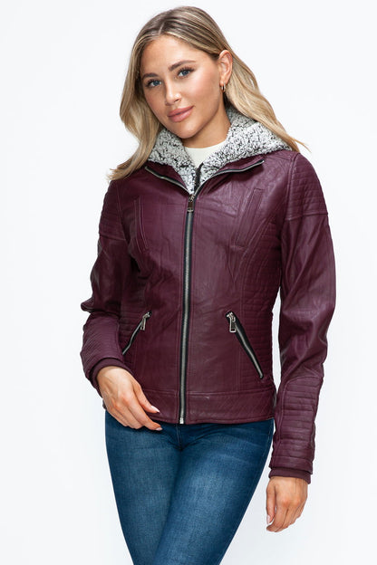 YMI Faux Layered Double-Zipper Jacket with Fuzzy Hood In Wine us.meeeshop - Coats & Jackets