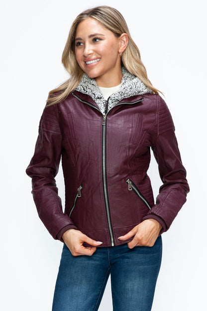 YMI Faux Layered Double-Zipper Jacket with Fuzzy Hood In Wine us.meeeshop - 