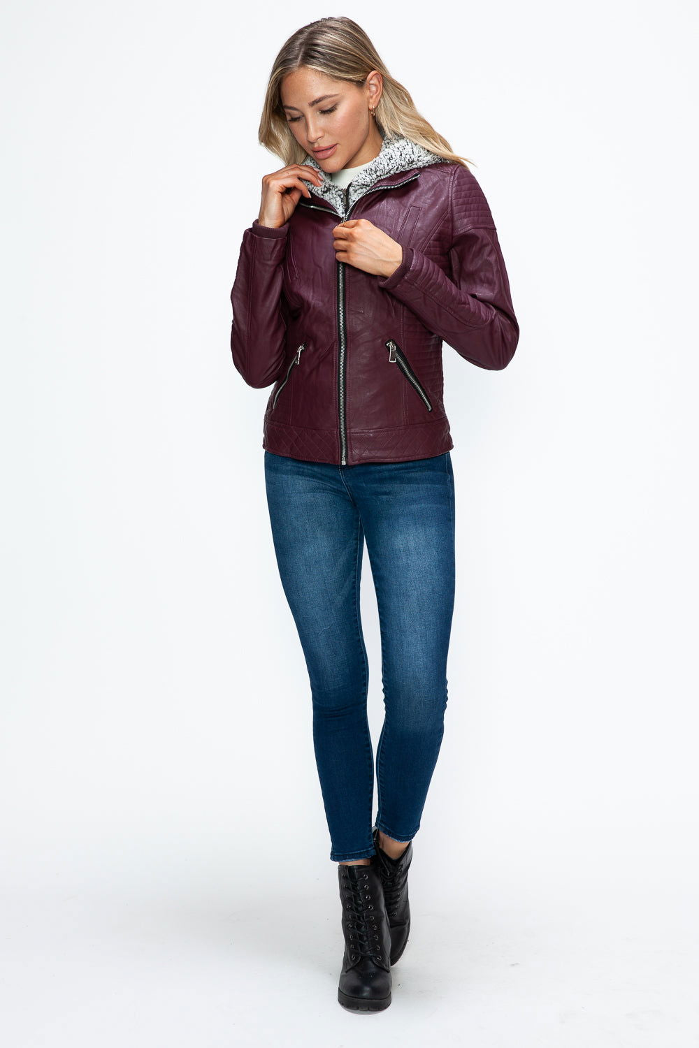 YMI Faux Layered Double-Zipper Jacket with Fuzzy Hood In Wine us.meeeshop - 