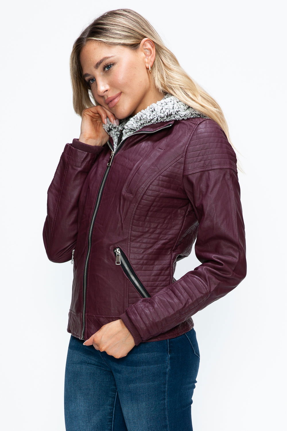 YMI Faux Layered Double-Zipper Jacket with Fuzzy Hood In Wine us.meeeshop - 