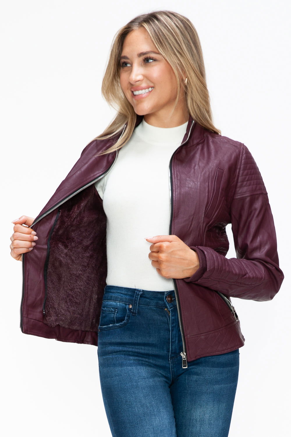 YMI Faux Layered Double-Zipper Jacket with Fuzzy Hood In Wine us.meeeshop - 