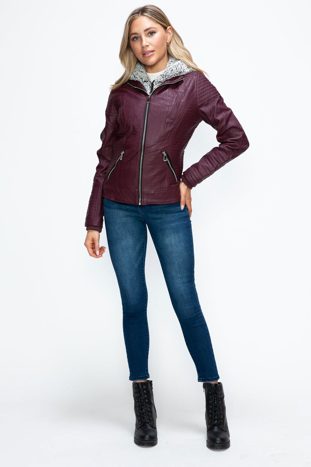 YMI Faux Layered Double-Zipper Jacket with Fuzzy Hood In Wine us.meeeshop - 