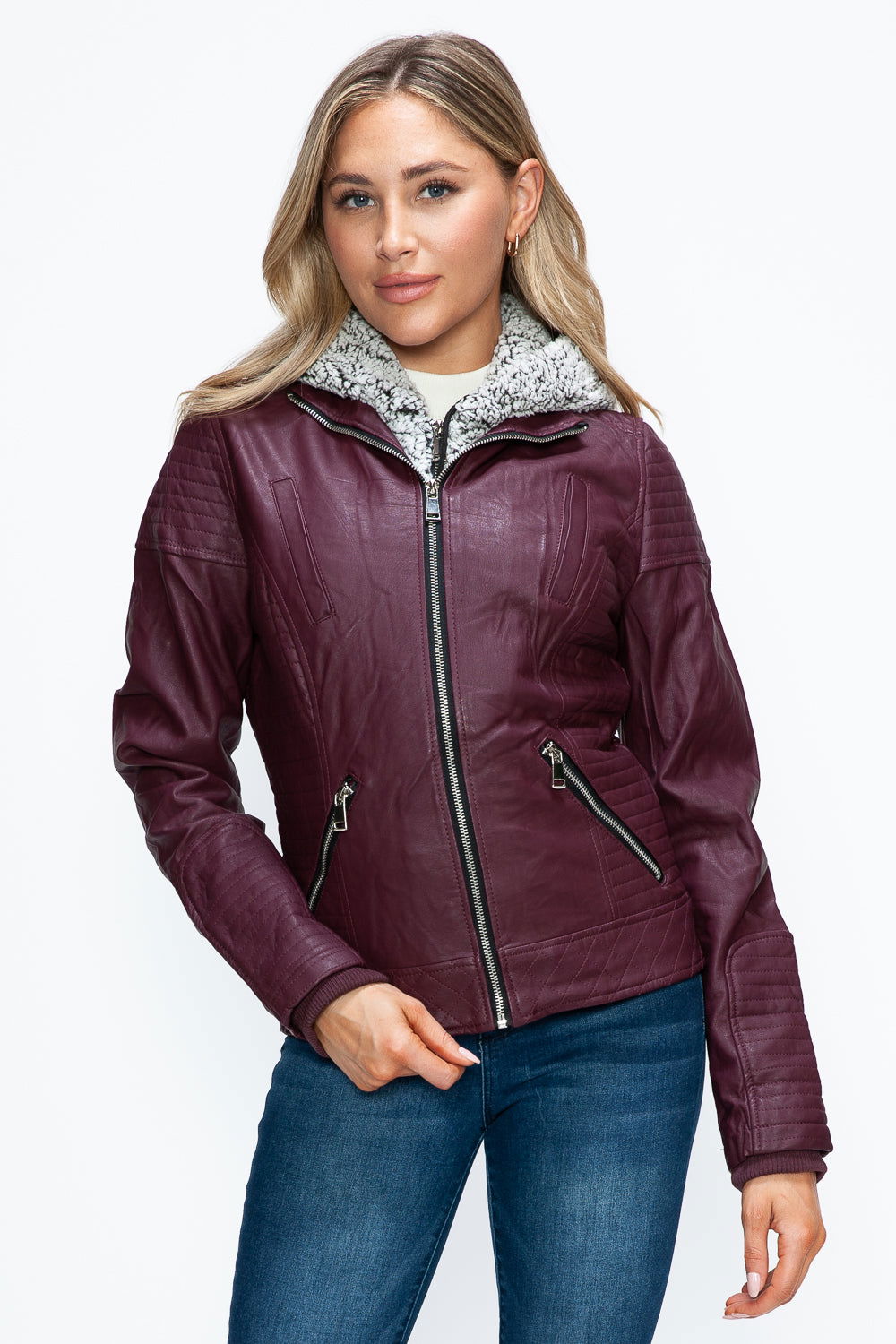 YMI Faux Layered Double-Zipper Jacket with Fuzzy Hood In Wine us.meeeshop - 