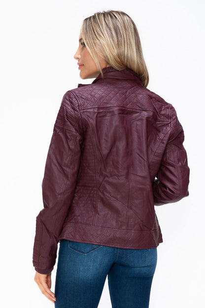 YMI Faux Layered Double-Zipper Jacket with Fuzzy Hood In Wine us.meeeshop - 