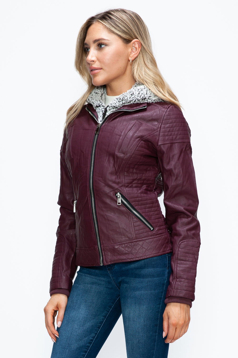 YMI Faux Layered Double-Zipper Jacket with Fuzzy Hood In Wine us.meeeshop - 