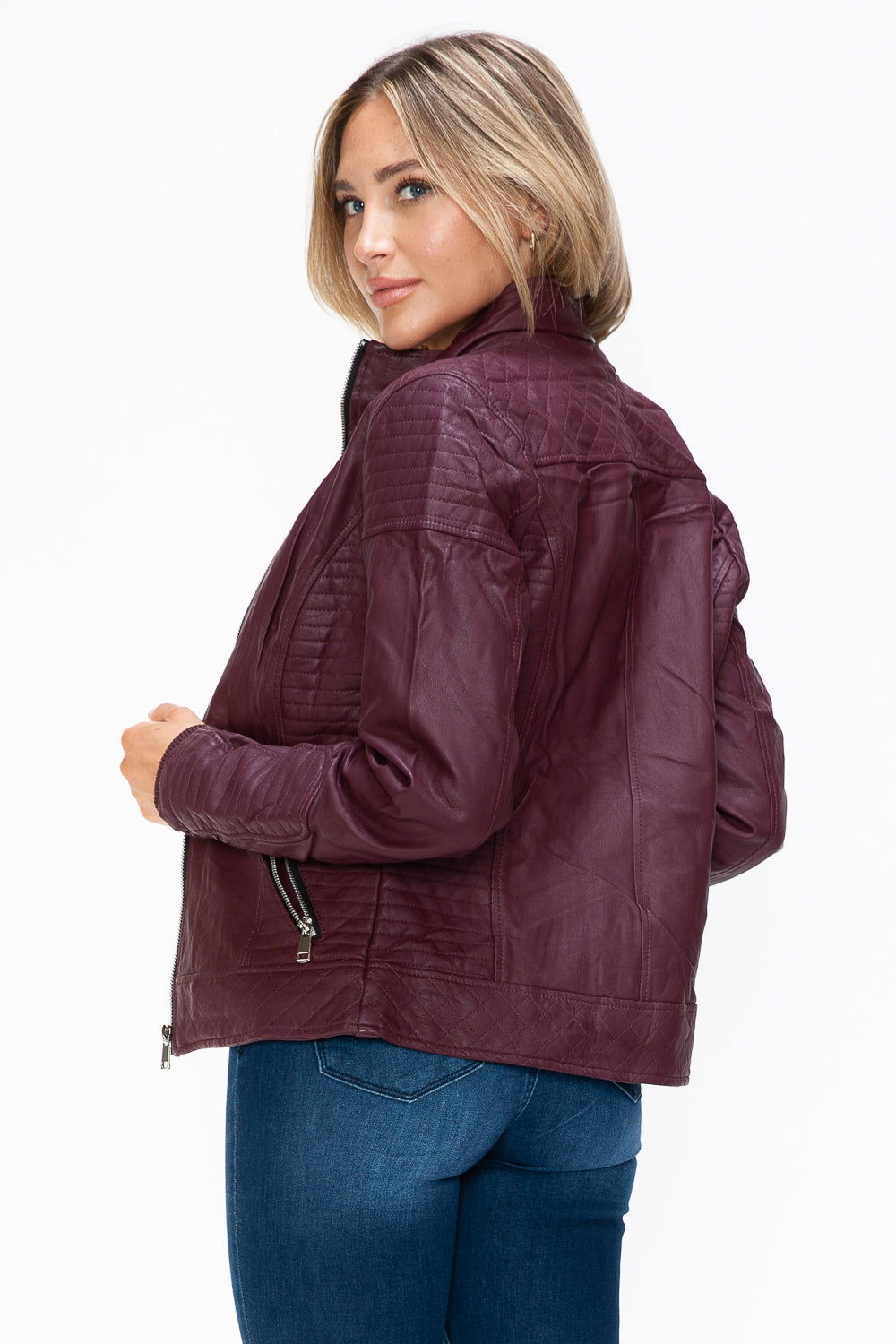 YMI Faux Layered Double-Zipper Jacket with Fuzzy Hood In Wine us.meeeshop - 