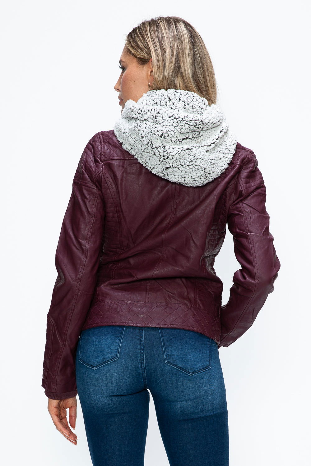 YMI Faux Layered Double-Zipper Jacket with Fuzzy Hood In Wine us.meeeshop - 