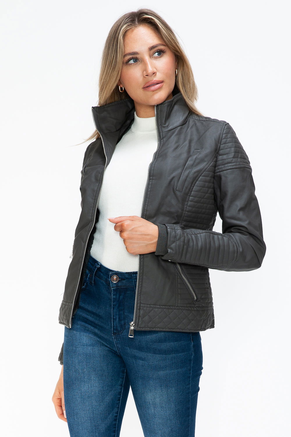 YMI Faux Layered Double-Zipper Jacket with Fuzzy Hood us.meeeshop - 