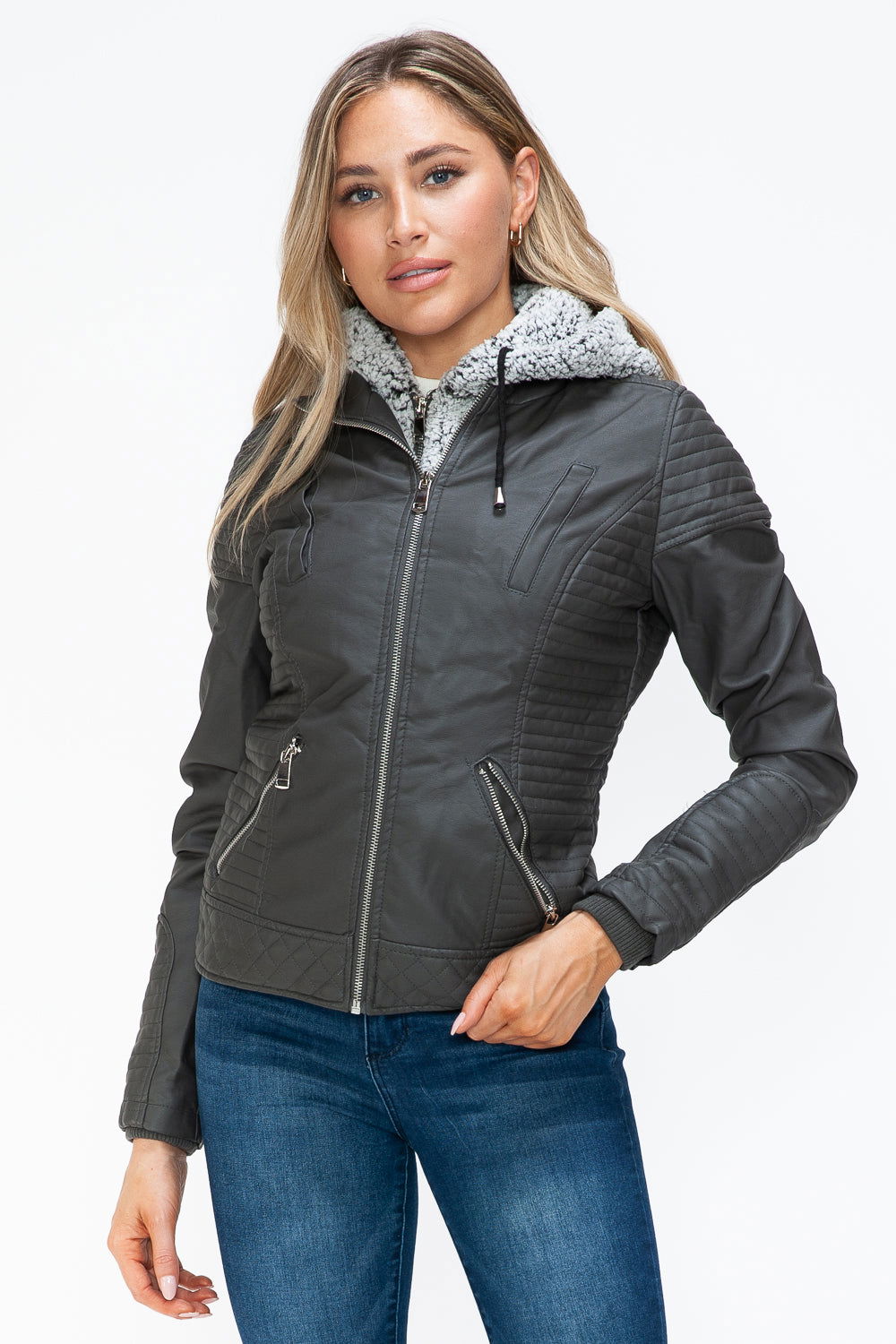 YMI Faux Layered Double-Zipper Jacket with Fuzzy Hood us.meeeshop - 