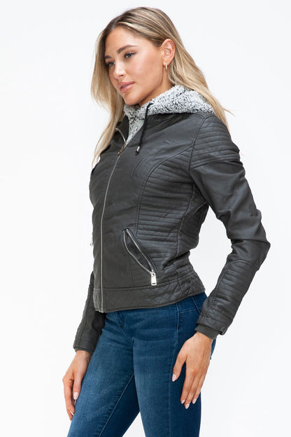 YMI Faux Layered Double-Zipper Jacket with Fuzzy Hood us.meeeshop - 