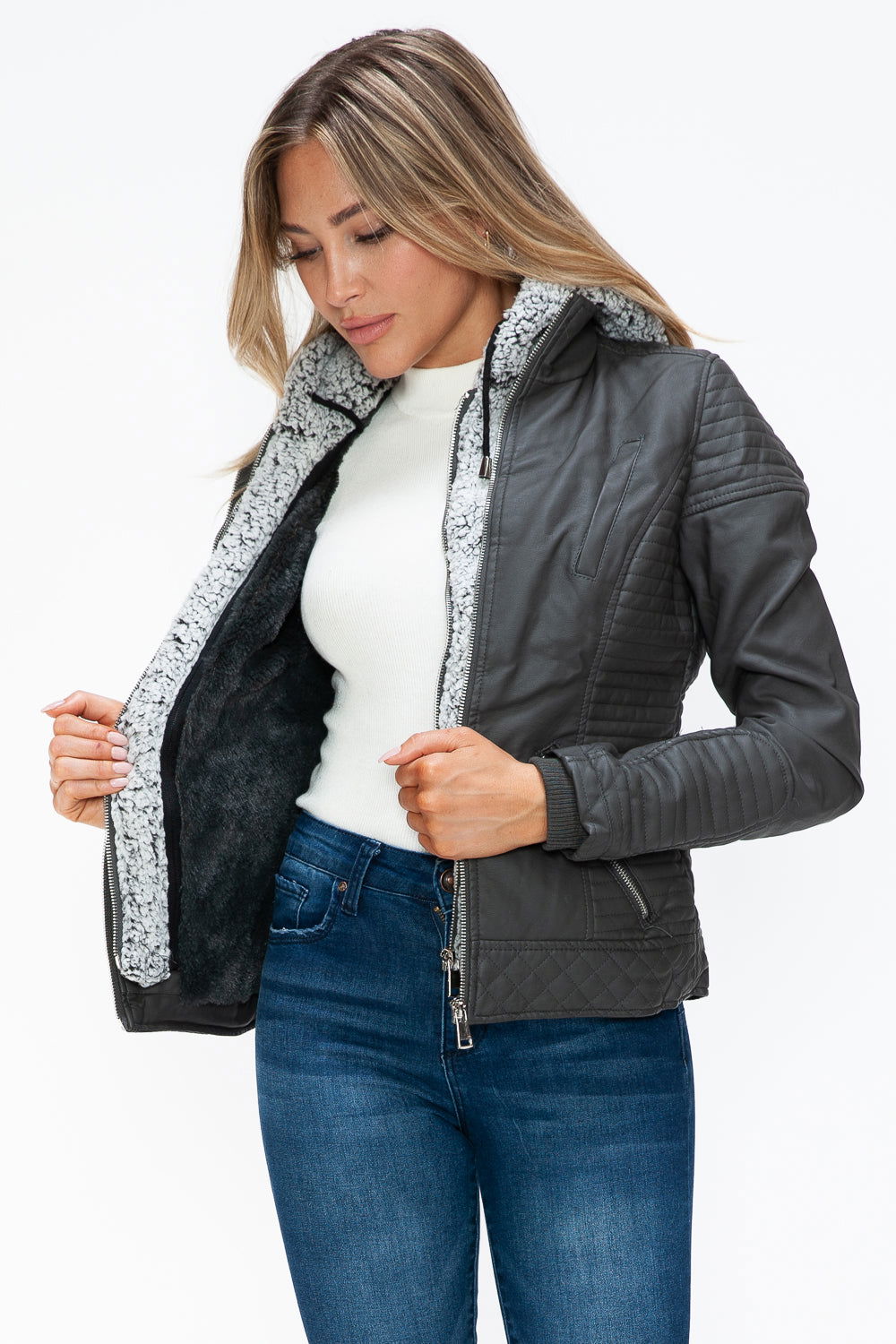 YMI Faux Layered Double-Zipper Jacket with Fuzzy Hood us.meeeshop - 