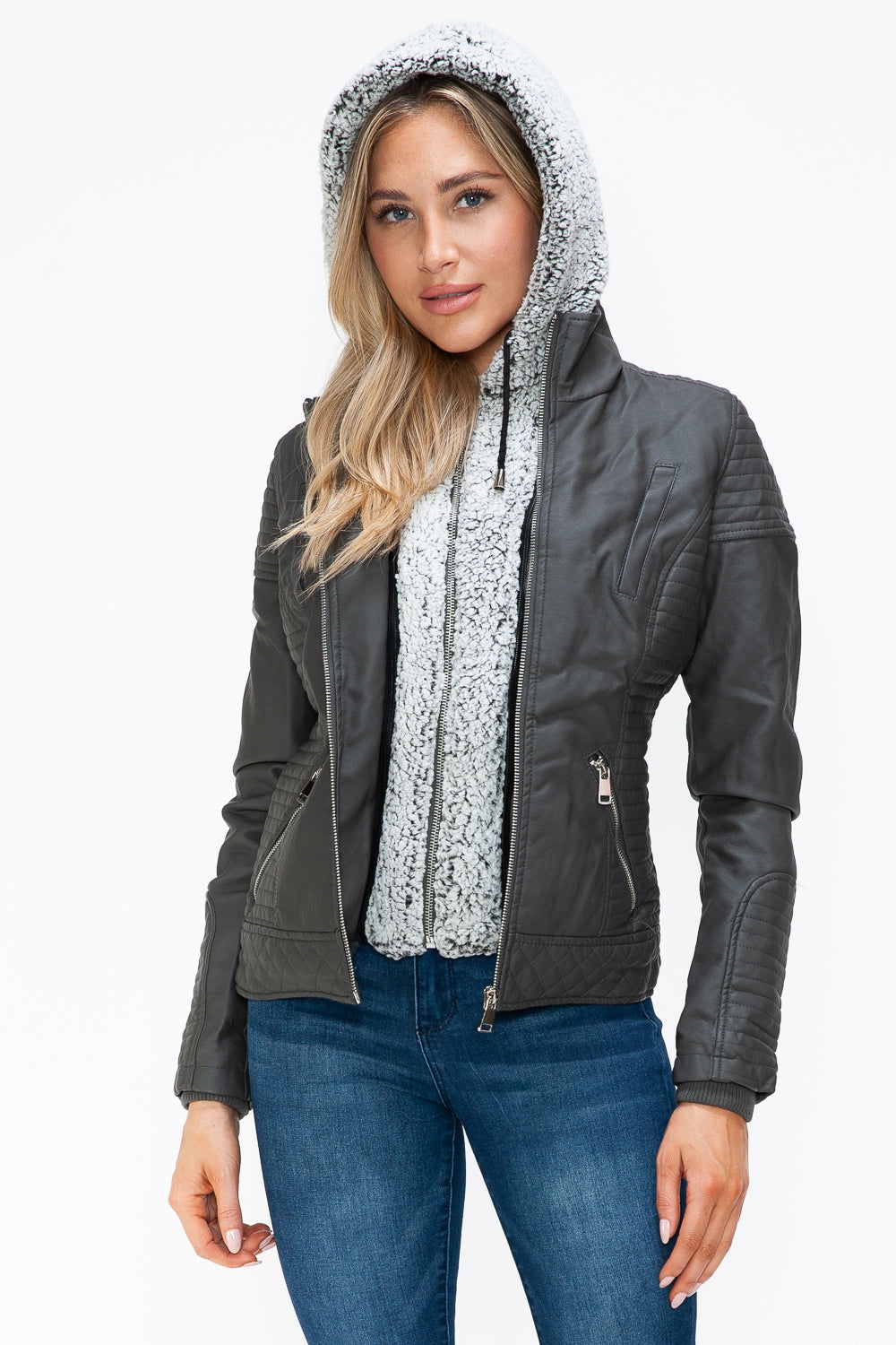 YMI Faux Layered Double-Zipper Jacket with Fuzzy Hood us.meeeshop - Coats & Jackets