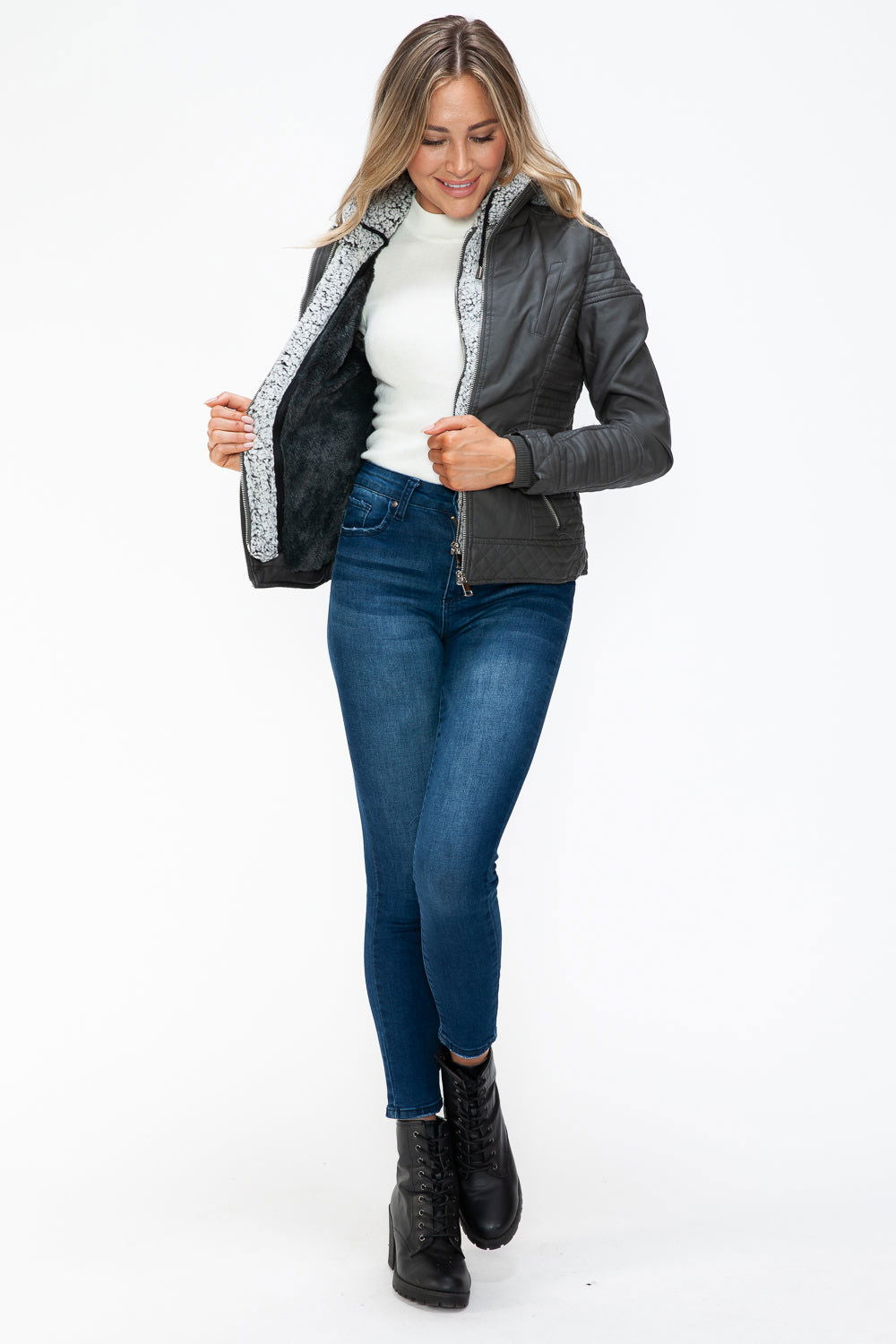 YMI Faux Layered Double-Zipper Jacket with Fuzzy Hood us.meeeshop - 