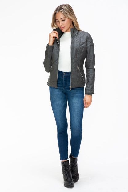 YMI Faux Layered Double-Zipper Jacket with Fuzzy Hood us.meeeshop - 