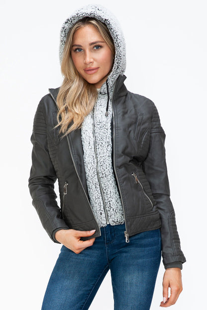 YMI Faux Layered Double-Zipper Jacket with Fuzzy Hood us.meeeshop - 