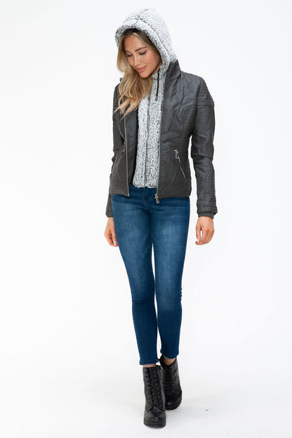 YMI Faux Layered Double-Zipper Jacket with Fuzzy Hood us.meeeshop - 