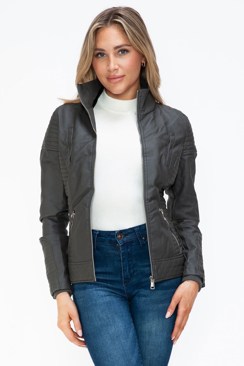 YMI Faux Layered Double-Zipper Jacket with Fuzzy Hood us.meeeshop - 