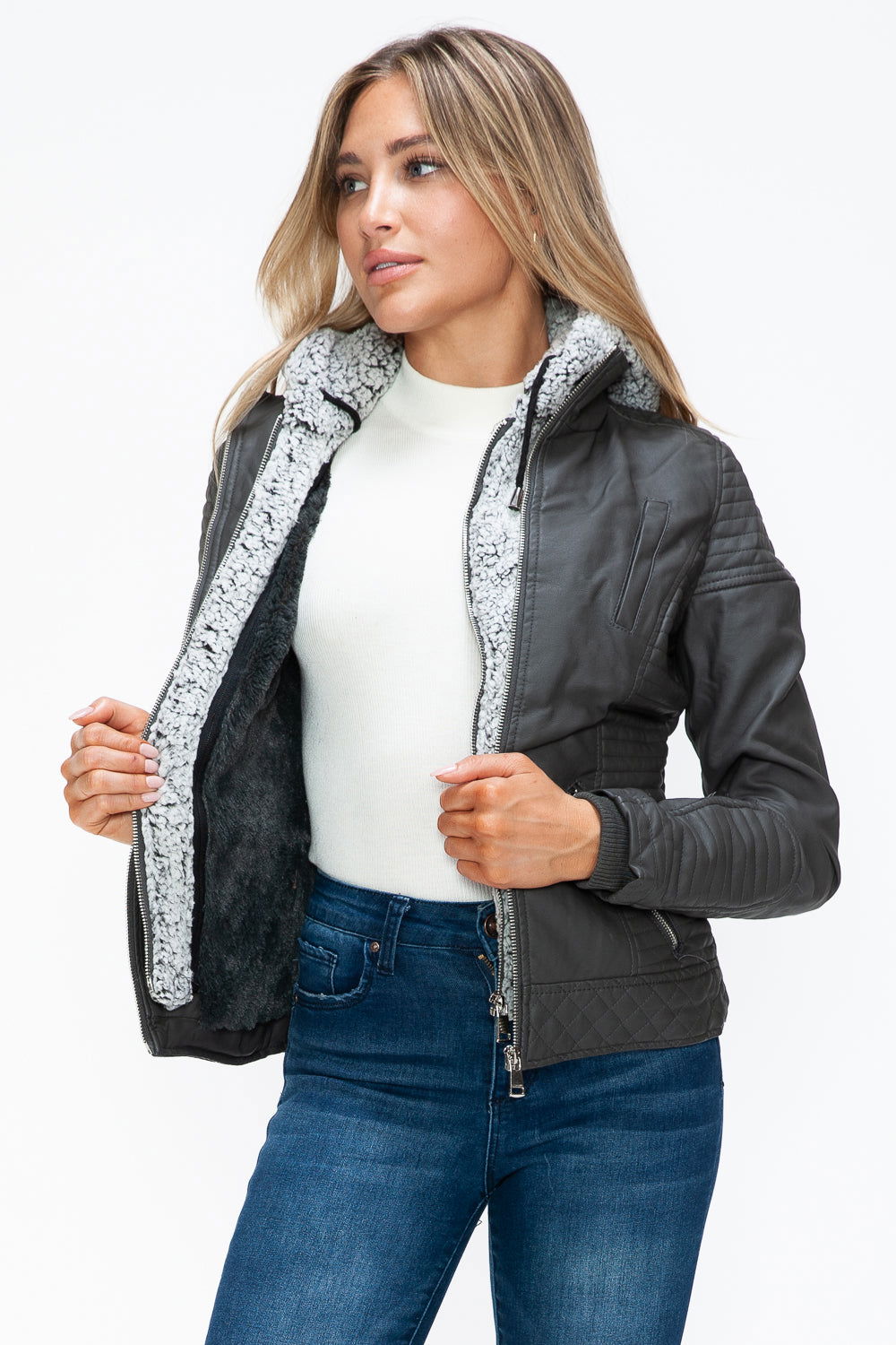 YMI Faux Layered Double-Zipper Jacket with Fuzzy Hood us.meeeshop - 