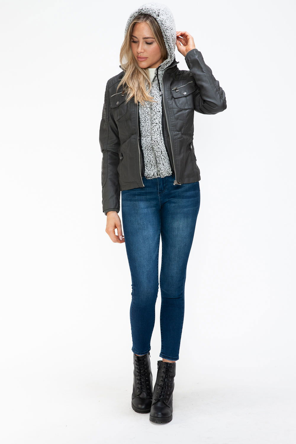 YMI Removable Faux Layered Multi-Pocket Jacket with Fuzzy Hood us.meeeshop - 