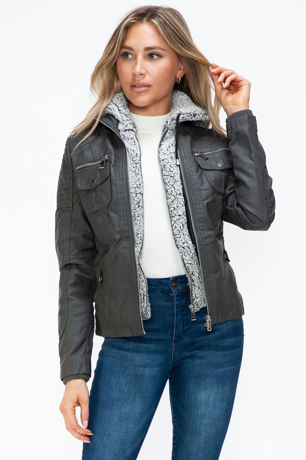 YMI Removable Faux Layered Multi-Pocket Jacket with Fuzzy Hood us.meeeshop - 