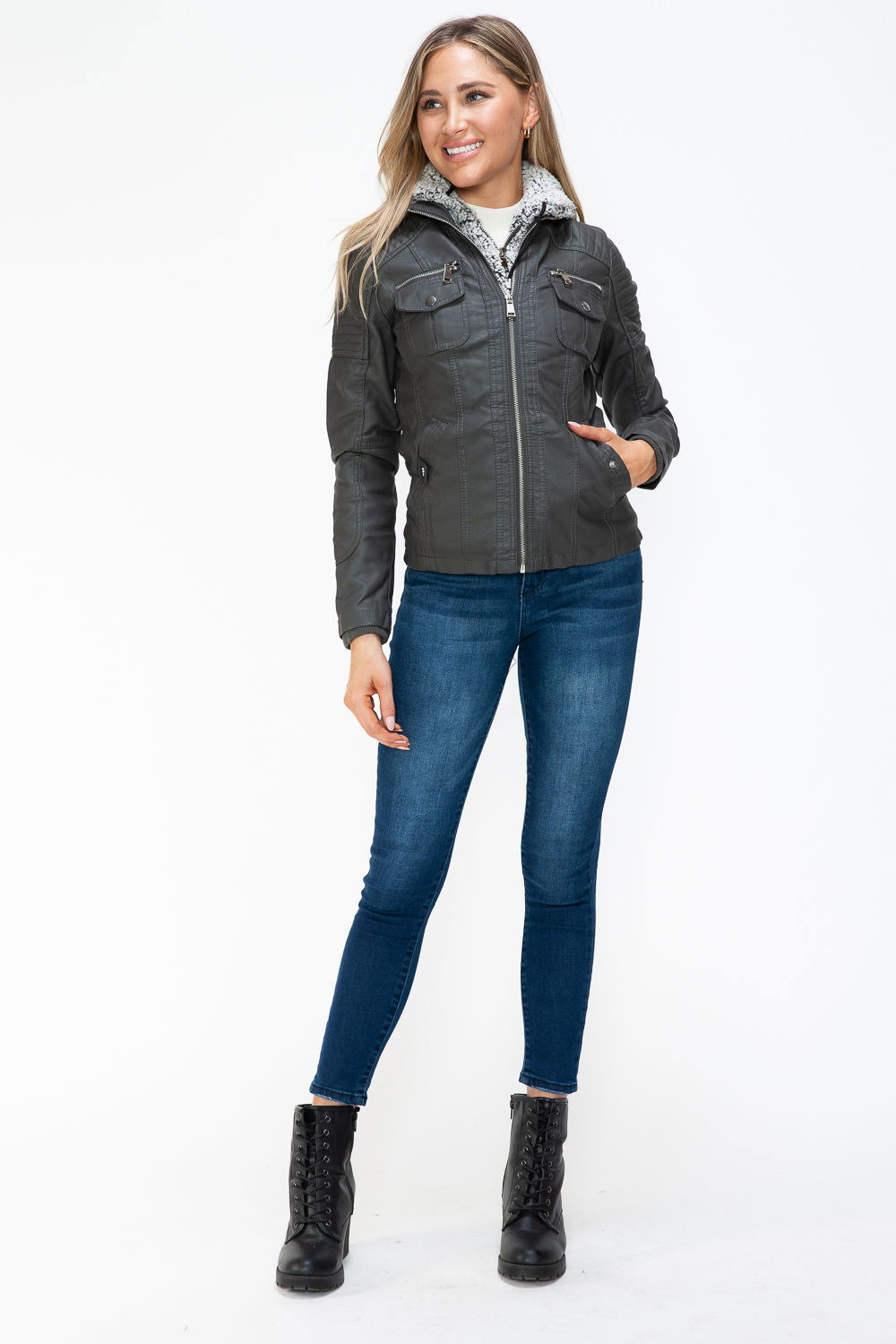 YMI Removable Faux Layered Multi-Pocket Jacket with Fuzzy Hood us.meeeshop - 