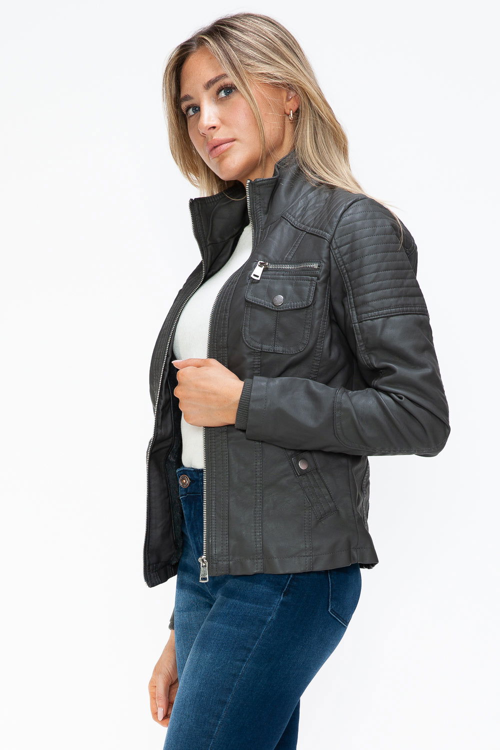 YMI Removable Faux Layered Multi-Pocket Jacket with Fuzzy Hood us.meeeshop - 