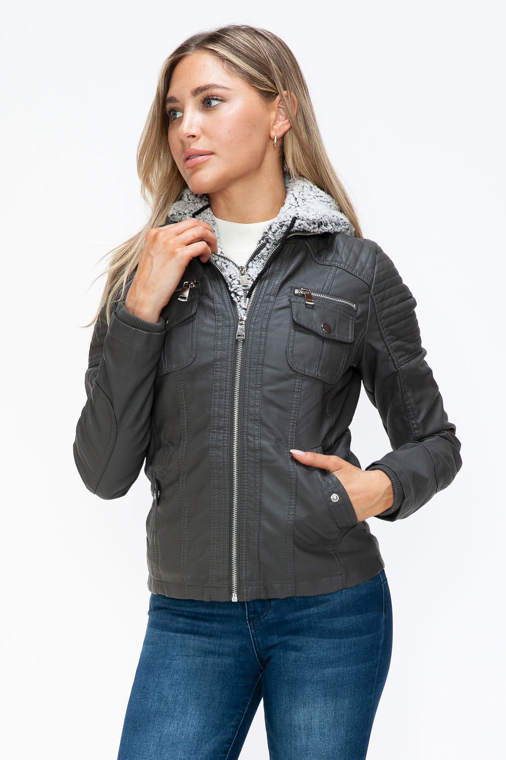 YMI Removable Faux Layered Multi-Pocket Jacket with Fuzzy Hood us.meeeshop - 