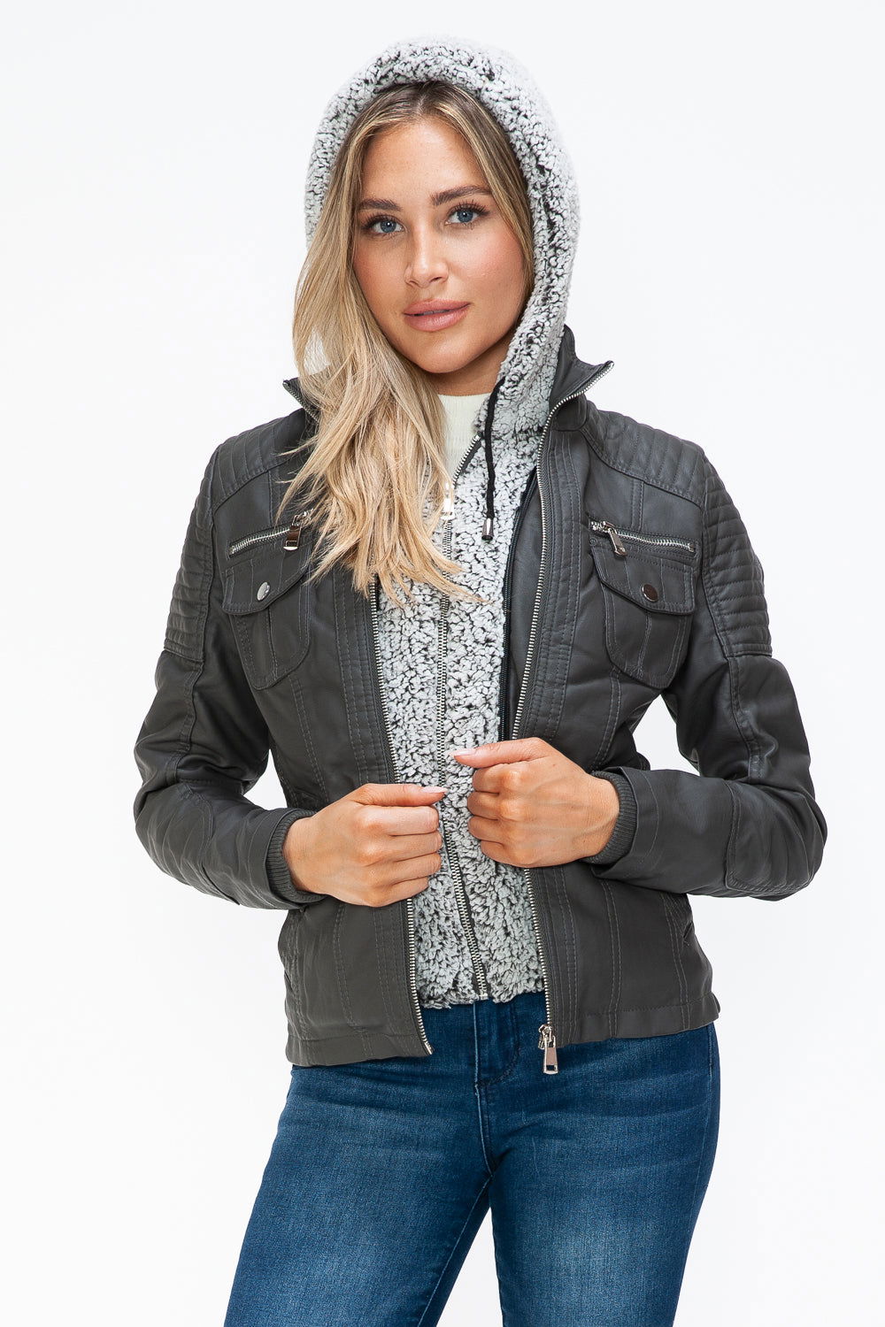 YMI Removable Faux Layered Multi-Pocket Jacket with Fuzzy Hood us.meeeshop - 