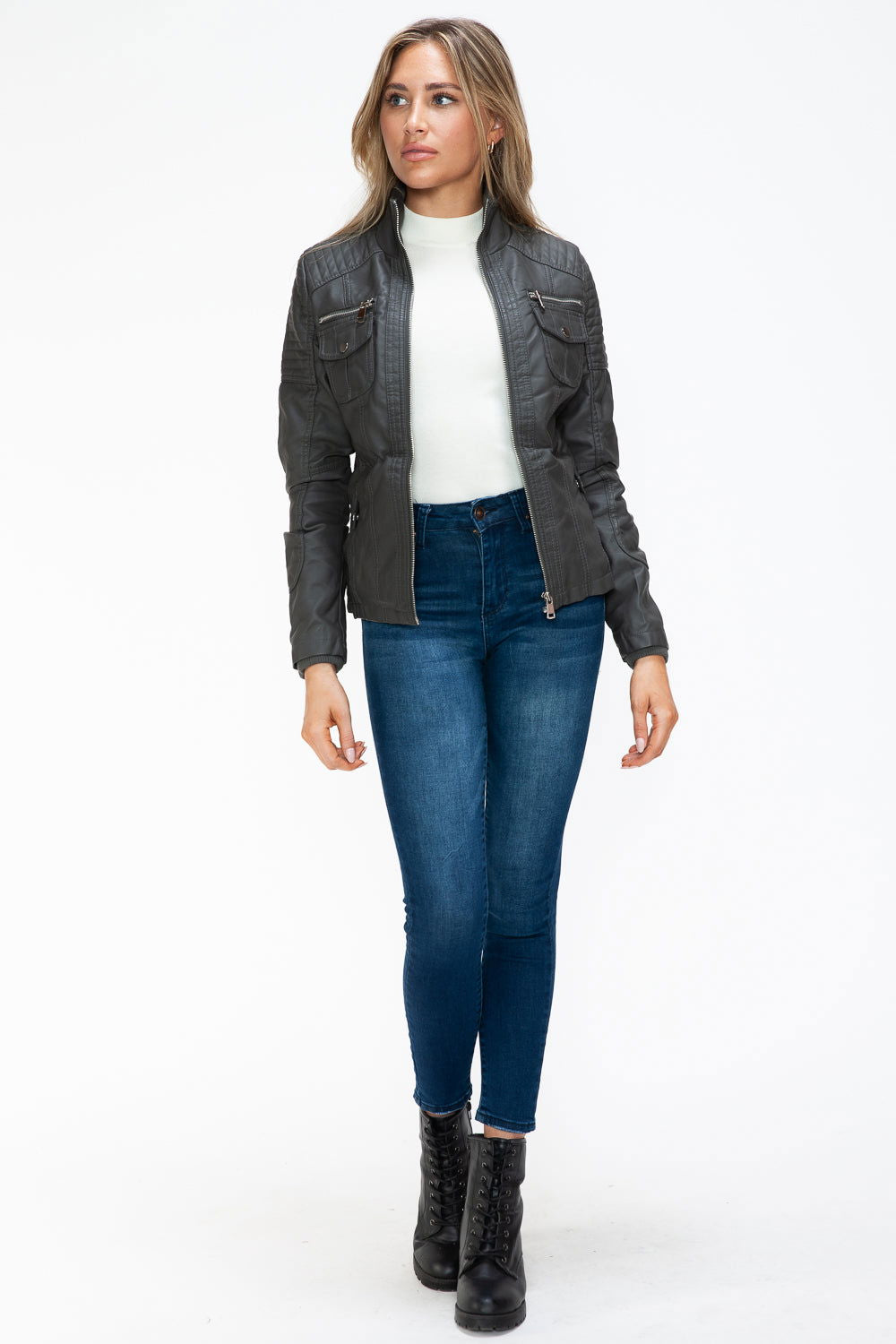 YMI Removable Faux Layered Multi-Pocket Jacket with Fuzzy Hood us.meeeshop - 