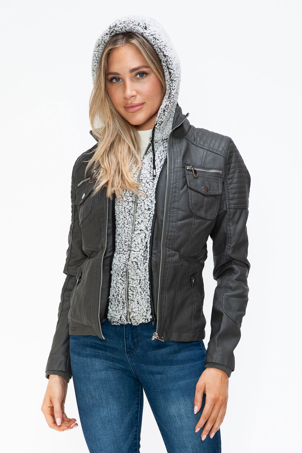 YMI Removable Faux Layered Multi-Pocket Jacket with Fuzzy Hood us.meeeshop - 