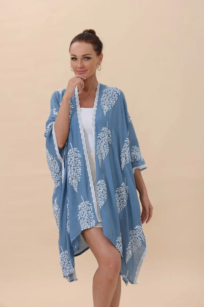 Botanical Leaf Embroidered Kimono Cardigan