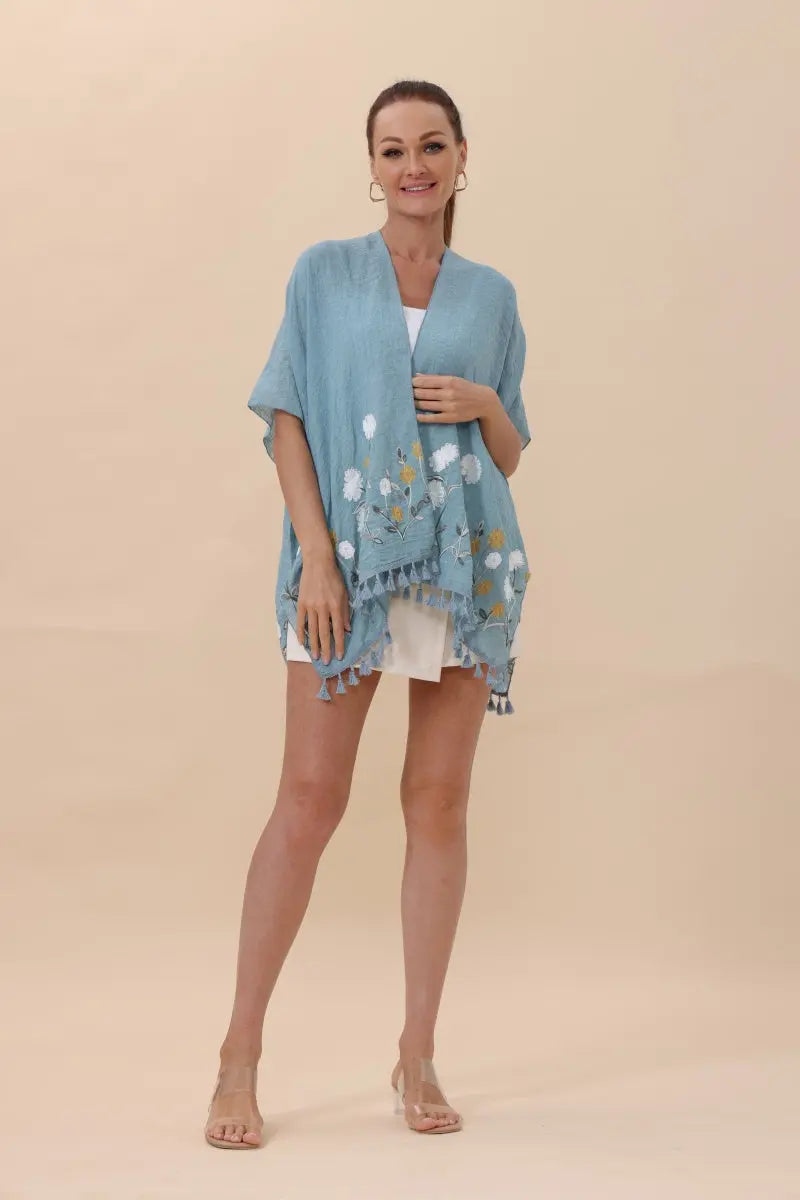 Floral Embroidered Tassel Hem Kimono Cardigan