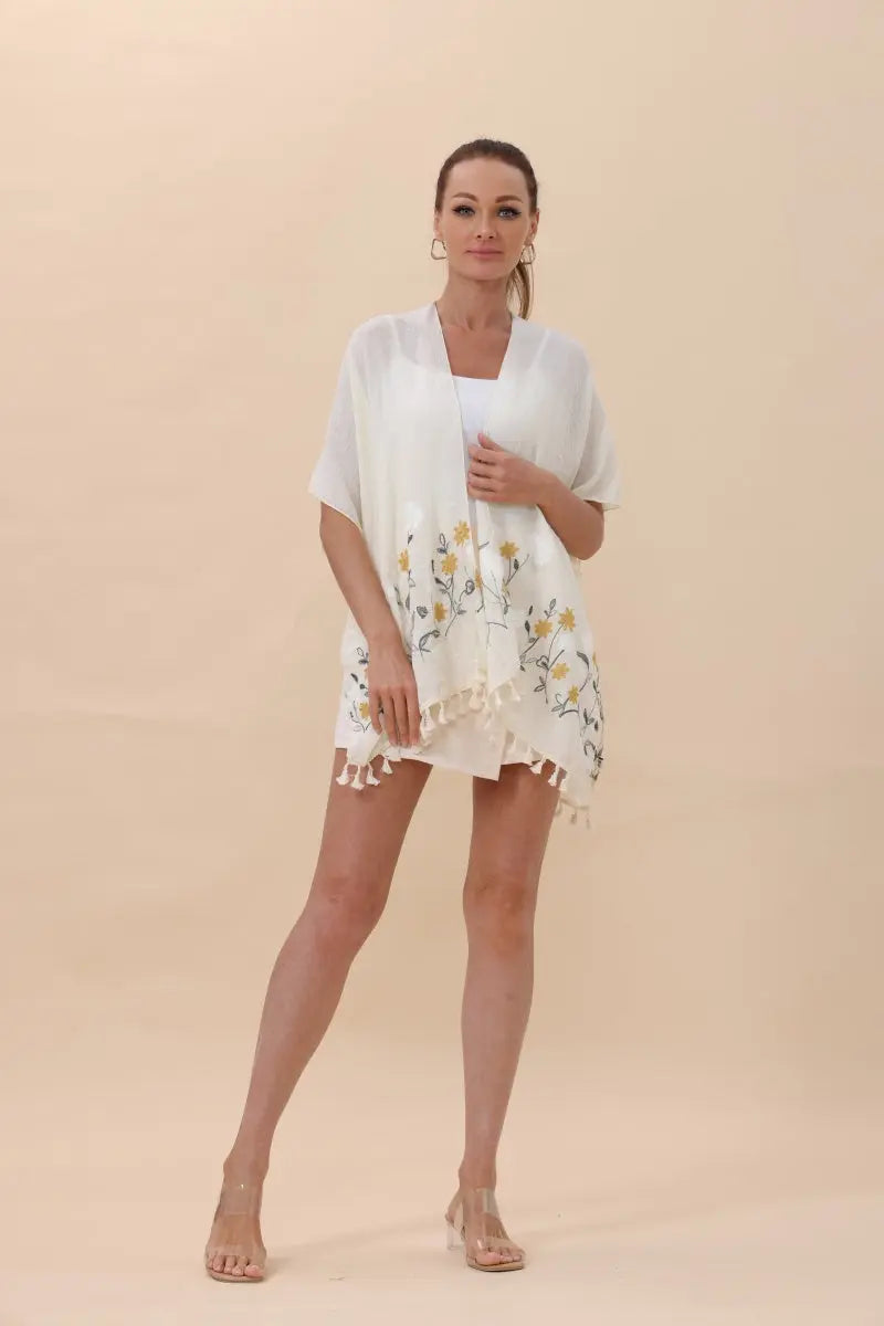 Floral Embroidered Tassel Hem Kimono Cardigan