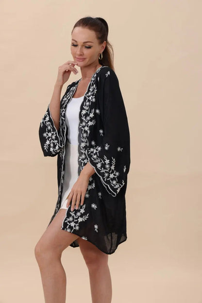 Floral Embroidered Open Front Kimono Cardigan – Lightweight