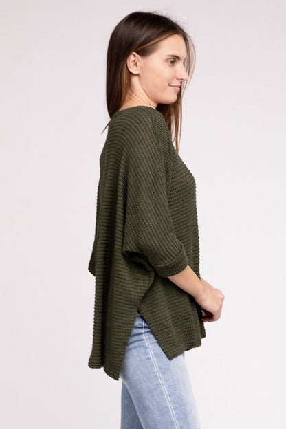 3/4 Sleeve V-Neck Hi-Low Hem Jacquard Sweater | us.meeeshop