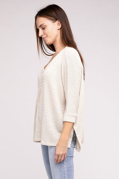 3/4 Sleeve V-Neck Hi-Low Hem Jacquard Sweater | us.meeeshop