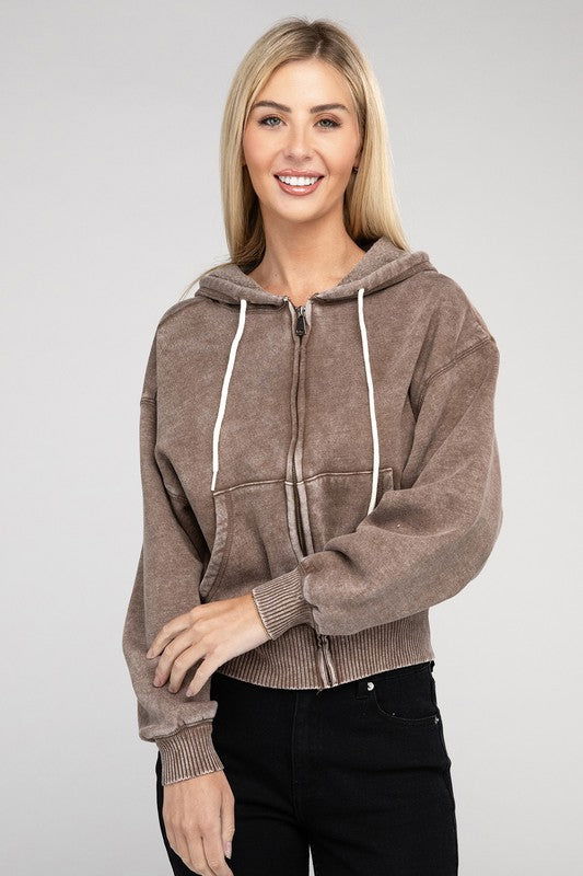 ZENANA Acid Wash Fleece Cropped Zip-Up Hoodie us.meeeshop - 