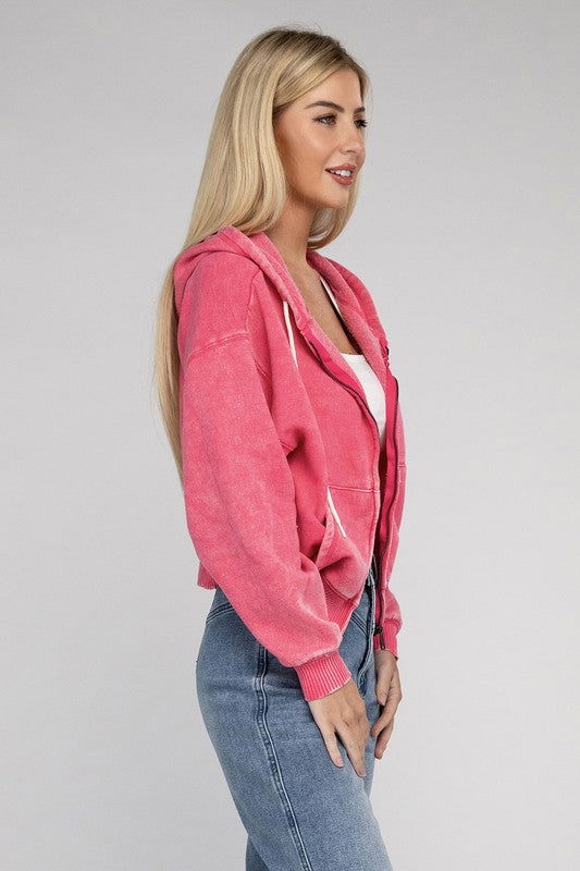 ZENANA Acid Wash Fleece Cropped Zip-Up Hoodie us.meeeshop - 