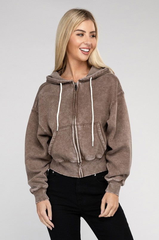 ZENANA Acid Wash Fleece Cropped Zip-Up Hoodie us.meeeshop - 