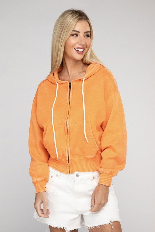 ZENANA Acid Wash Fleece Cropped Zip-Up Hoodie us.meeeshop - 