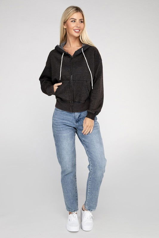 ZENANA Acid Wash Fleece Cropped Zip-Up Hoodie us.meeeshop - 