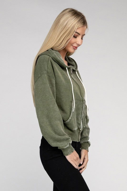 ZENANA Acid Wash Fleece Cropped Zip-Up Hoodie us.meeeshop - 