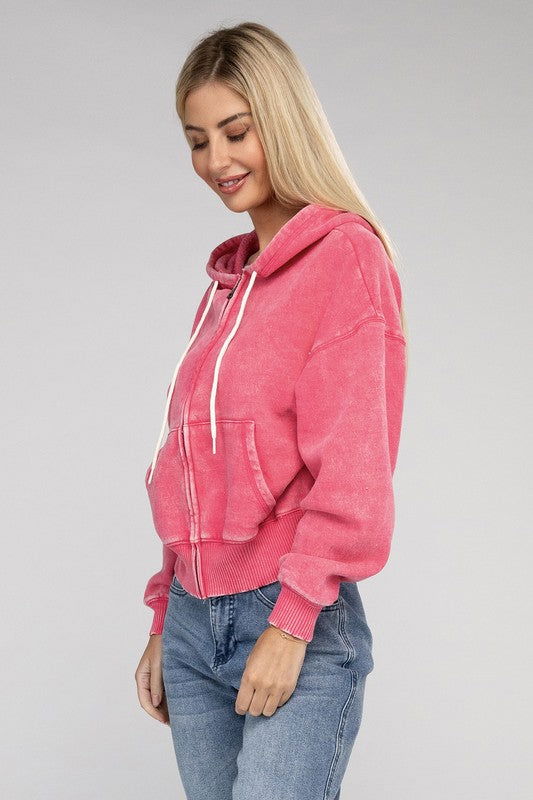 ZENANA Acid Wash Fleece Cropped Zip-Up Hoodie us.meeeshop - 