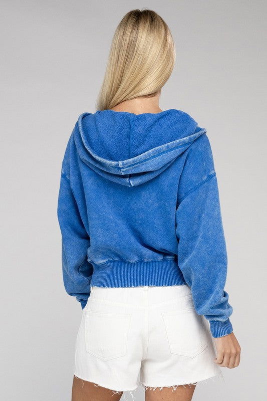 ZENANA Acid Wash Fleece Cropped Zip-Up Hoodie us.meeeshop - 