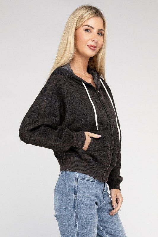 ZENANA Acid Wash Fleece Cropped Zip-Up Hoodie us.meeeshop - 